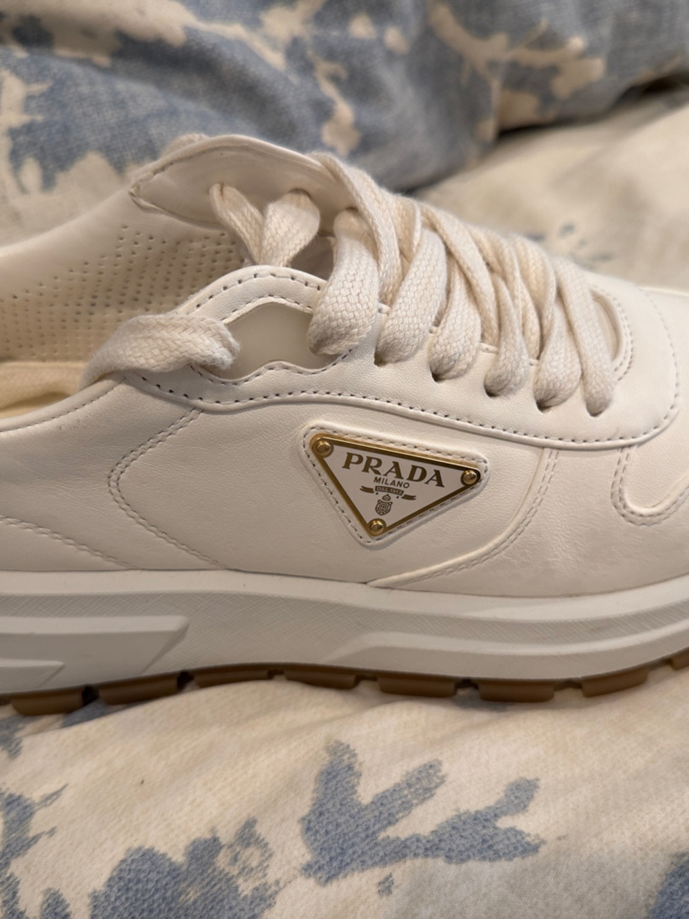 Prada White Leather Platform Sneaker with Gold Logo